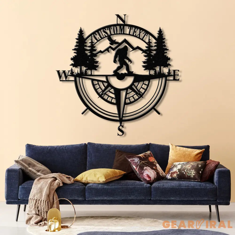 Personalized Bigfoot Compass Metal Wall Art with LED Light Custom Sasquatch Forest Decor Rustic Adventure Compass Sign
