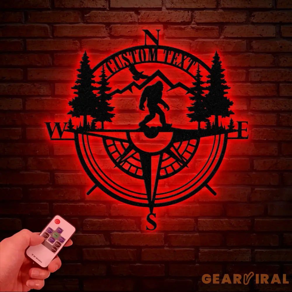 Personalized Bigfoot Compass Metal Wall Art with LED Light Custom Sasquatch Forest Decor Rustic Adventure Compass Sign