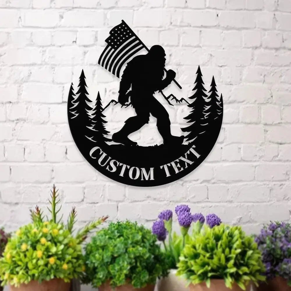 Personalized Bigfoot Sasquatch With US Flag Metal Address Sign | Custom Hanging Address Plaque | Yard Sign Outdoor Sign