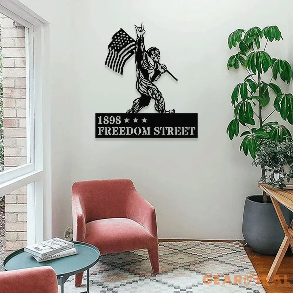 Personalized Bigfoot Sasquatch With US Flag Metal Address Sign Metal Address Sign - Metal Address Sign - Address Wall