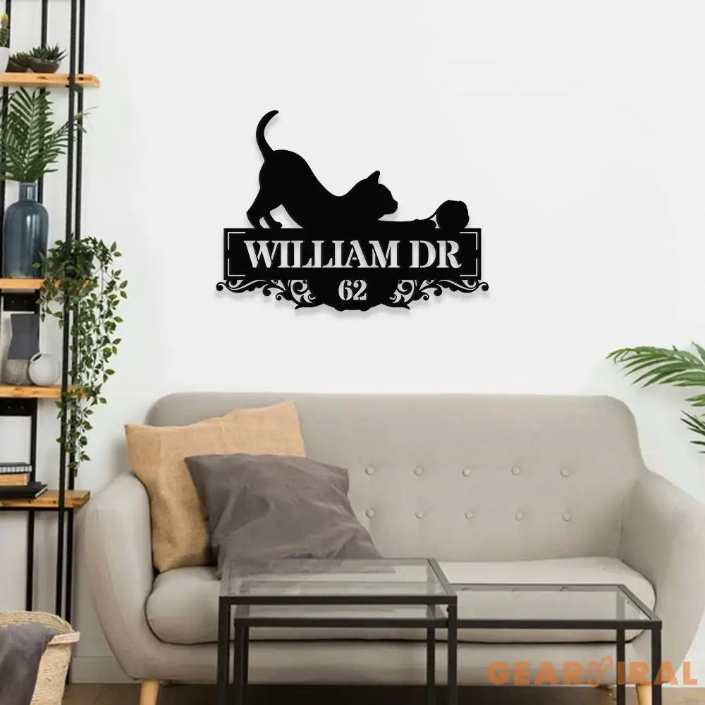 Personalized Black Cat Address Metal Address Sign - Last Name Initial Hanging - Personalize Metal Sign - Address Sign
