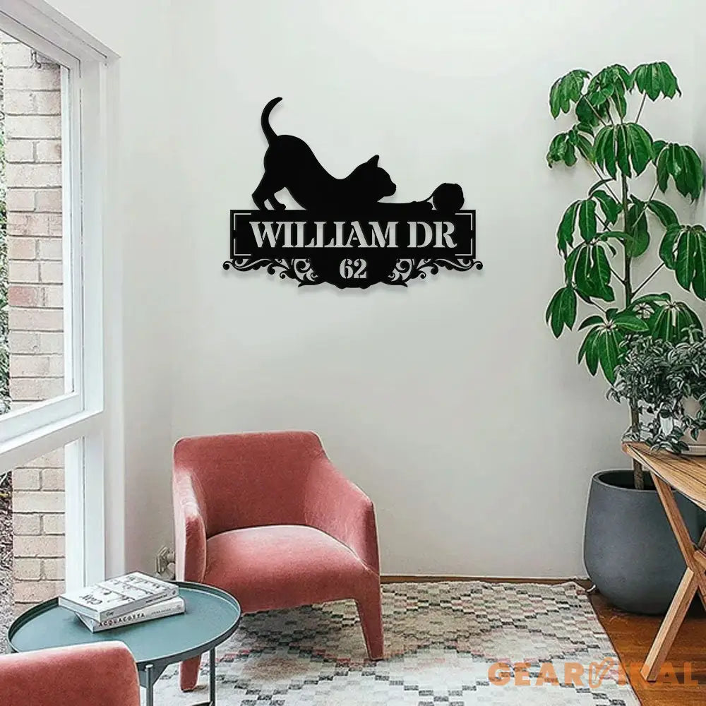 Personalized Black Cat Address Metal Address Sign - Last Name Initial Hanging - Personalize Metal Sign - Address Sign