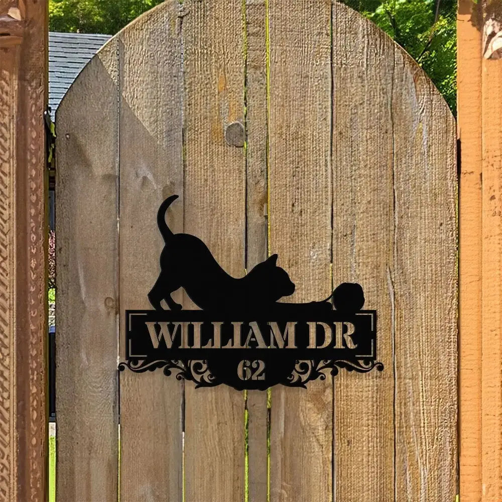 Personalized Black Cat Address Metal Address Sign - Last Name Initial Hanging - Personalize Metal Sign - Address Sign