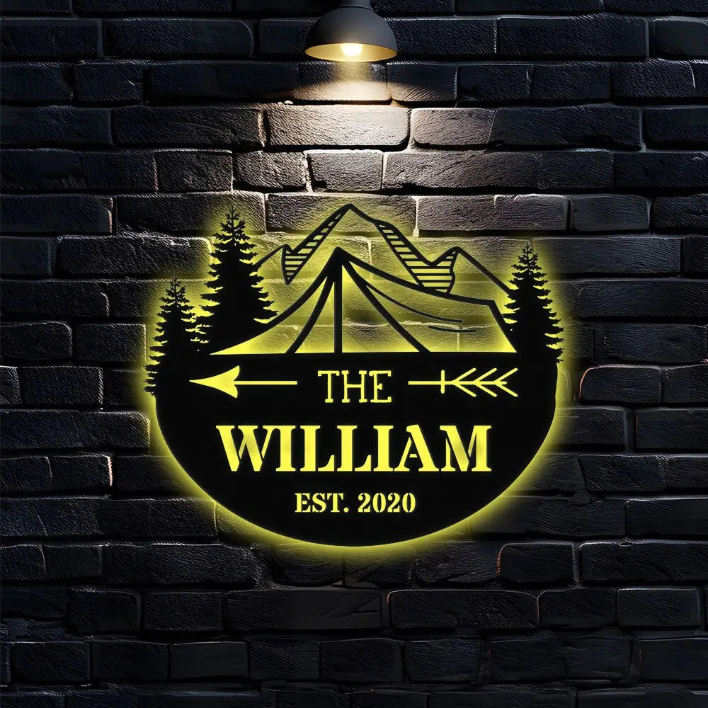 Personalized Camping LED Wall Sign Metal Sign - Last Name Initial Hanging - Personalize Camping Metal Sign - Camping
