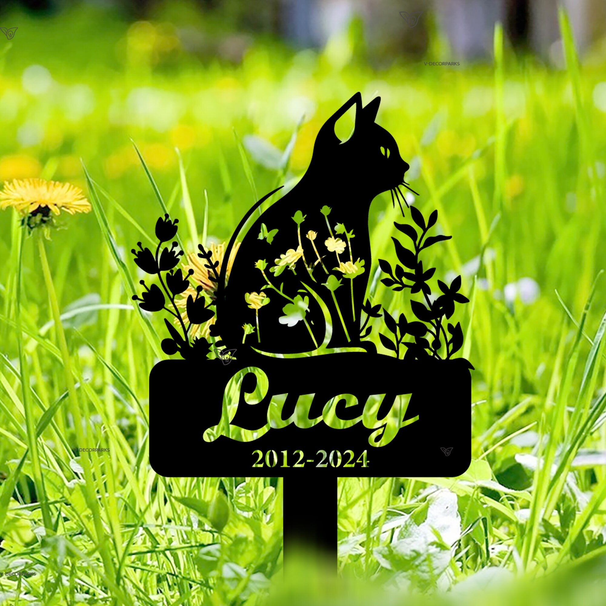 Personalized Cat Memorial Stake - Cat Garden Stake - Custom Cat Cemetery Stake - Cat Metal Grave Marker with Flowers | GearViral