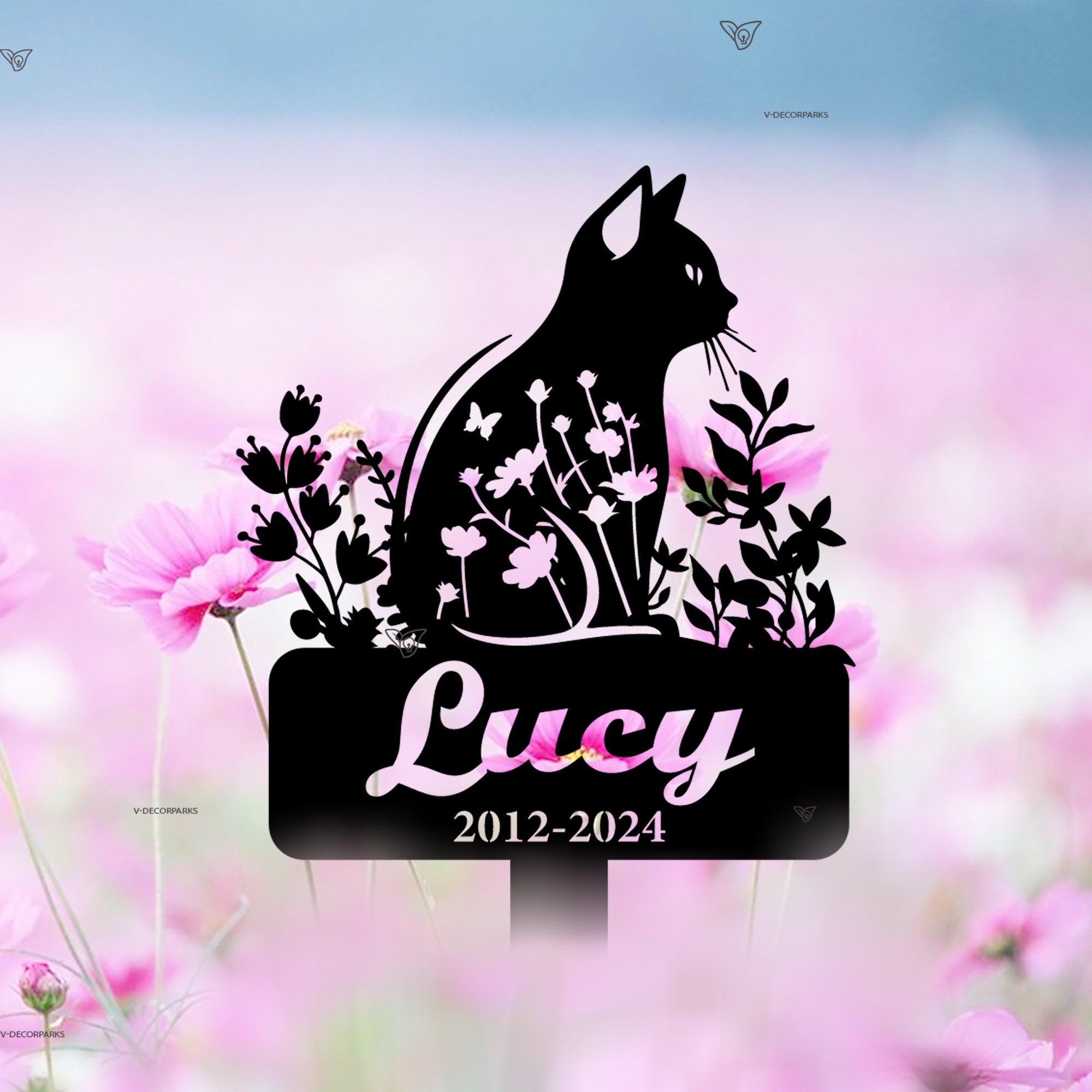Personalized Cat Memorial Stake - Cat Garden Stake - Custom Cat Cemetery Stake - Cat Metal Grave Marker with Flowers | GearViral