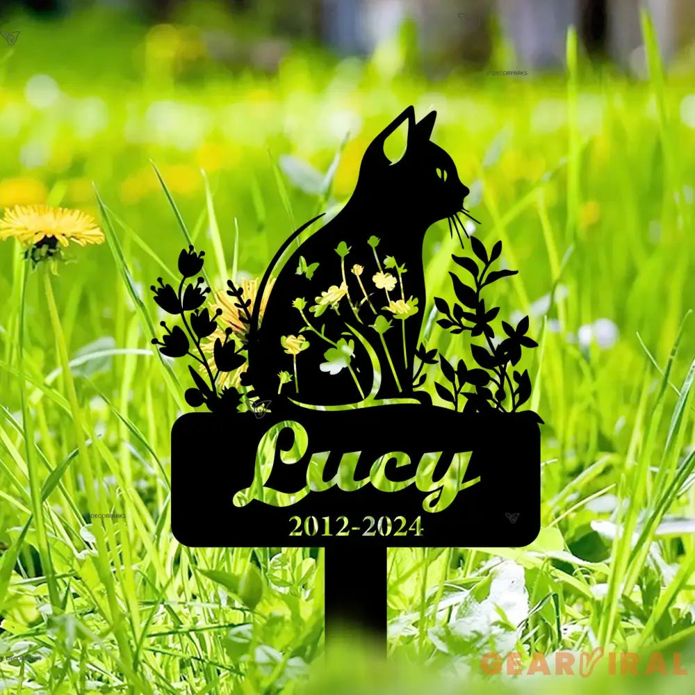 Personalized Cat Memorial Stake - Cat Garden Stake - Custom Cat Cemetery Stake - Cat Metal Grave Marker with Flowers