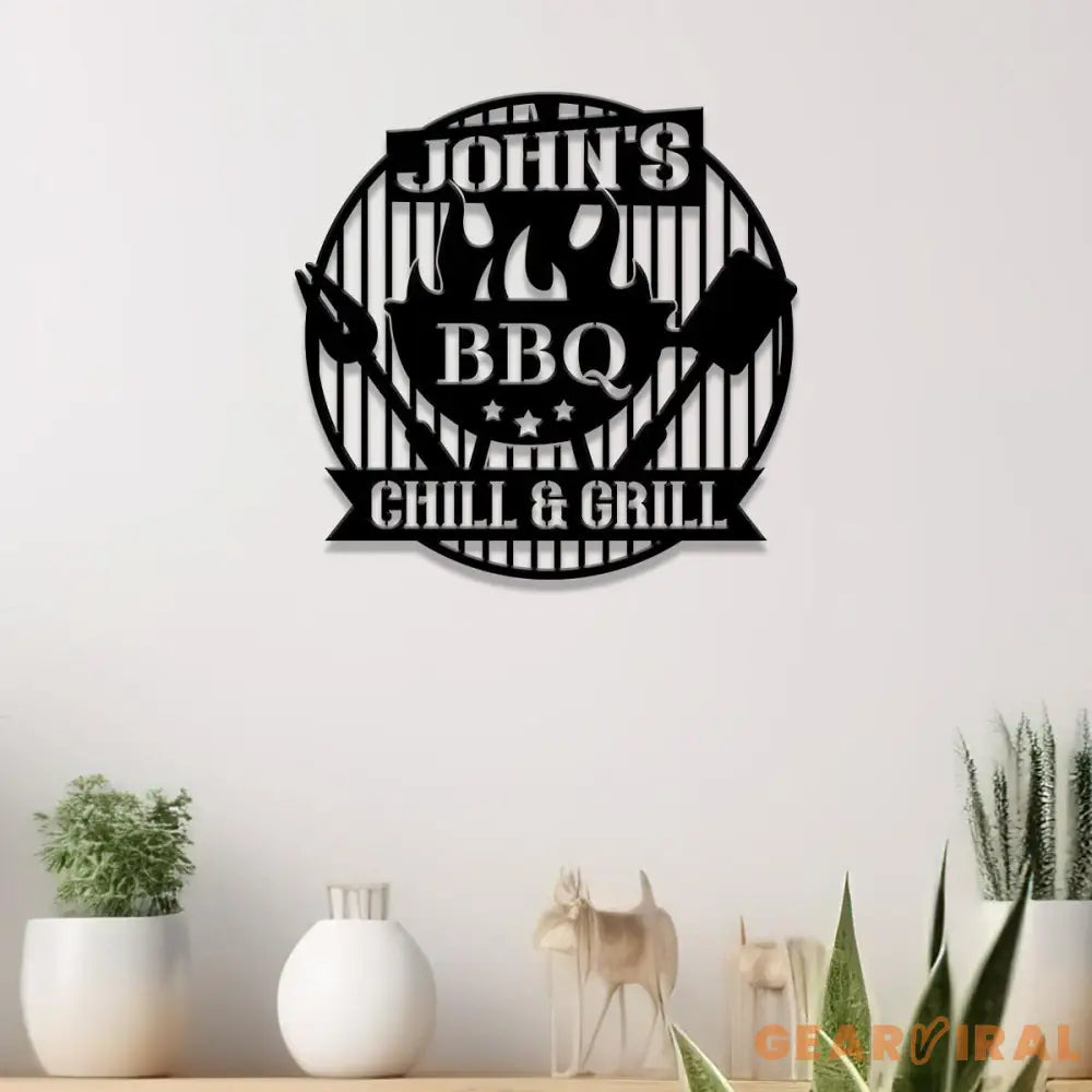 Personalized Chill & Grill Metal Sign with LED Light Metal Barbecue Sign Bar Signs BBQ Signs Outdoor Kitchen Metal