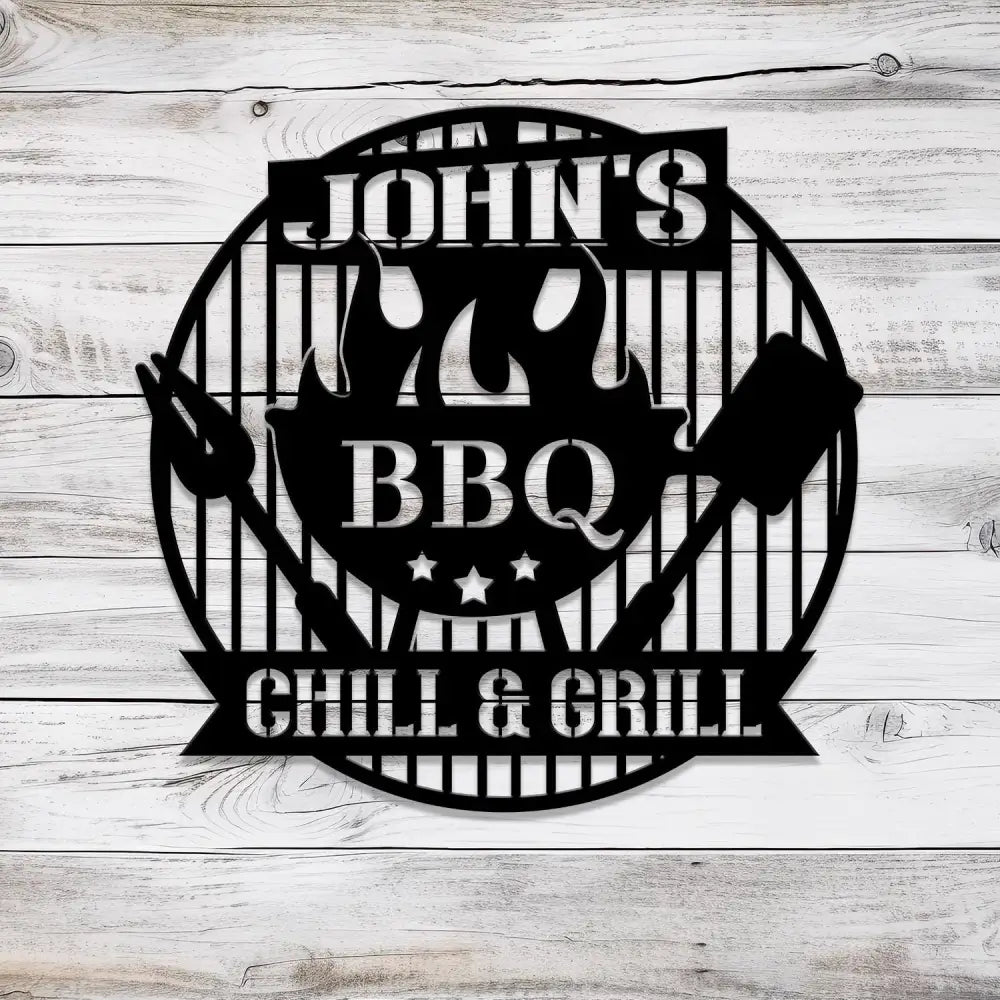 Personalized Chill & Grill Metal Sign with LED Light Metal Barbecue Sign Bar Signs BBQ Signs Outdoor Kitchen Metal
