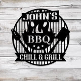 Personalized Chill & Grill Metal Sign with LED Light Metal Barbecue Sign Bar Signs BBQ Signs Outdoor Kitchen Metal