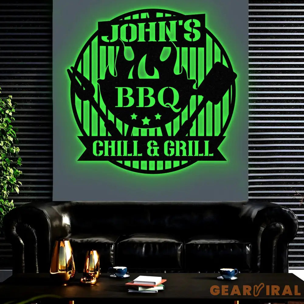 Personalized Chill & Grill Metal Sign with LED Light Metal Barbecue Sign Bar Signs BBQ Signs Outdoor Kitchen Metal