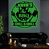 Personalized Chill & Grill Metal Sign with LED Light Metal Barbecue Sign Bar Signs BBQ Signs Outdoor Kitchen Metal
