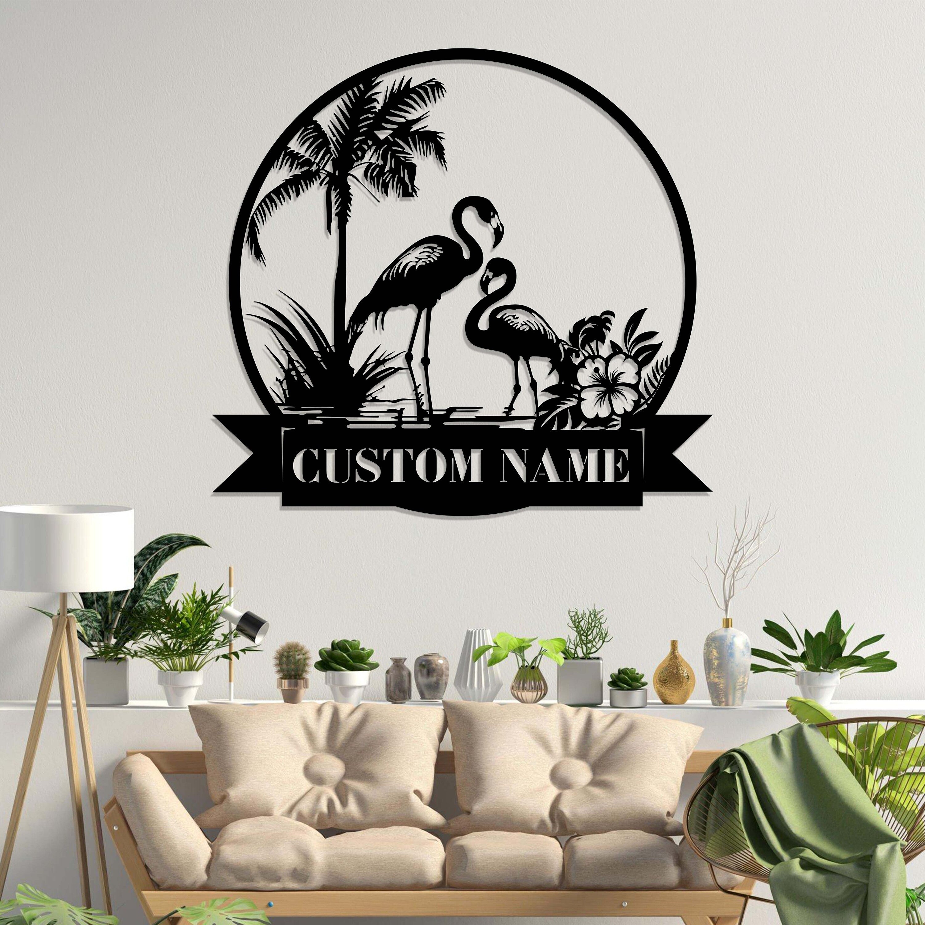 Personalized Couple Flamingo Metal Wall Art LED Lights Custom Pink Flamingo Name Sign Home Decor Nursery Decoration Birthday Housewarming | GearViral