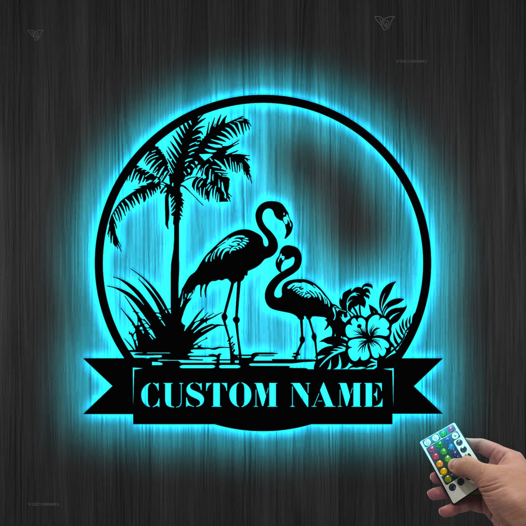 Personalized Couple Flamingo Metal Wall Art LED Lights Custom Pink Flamingo Name Sign Home Decor Nursery Decoration Birthday Housewarming | GearViral