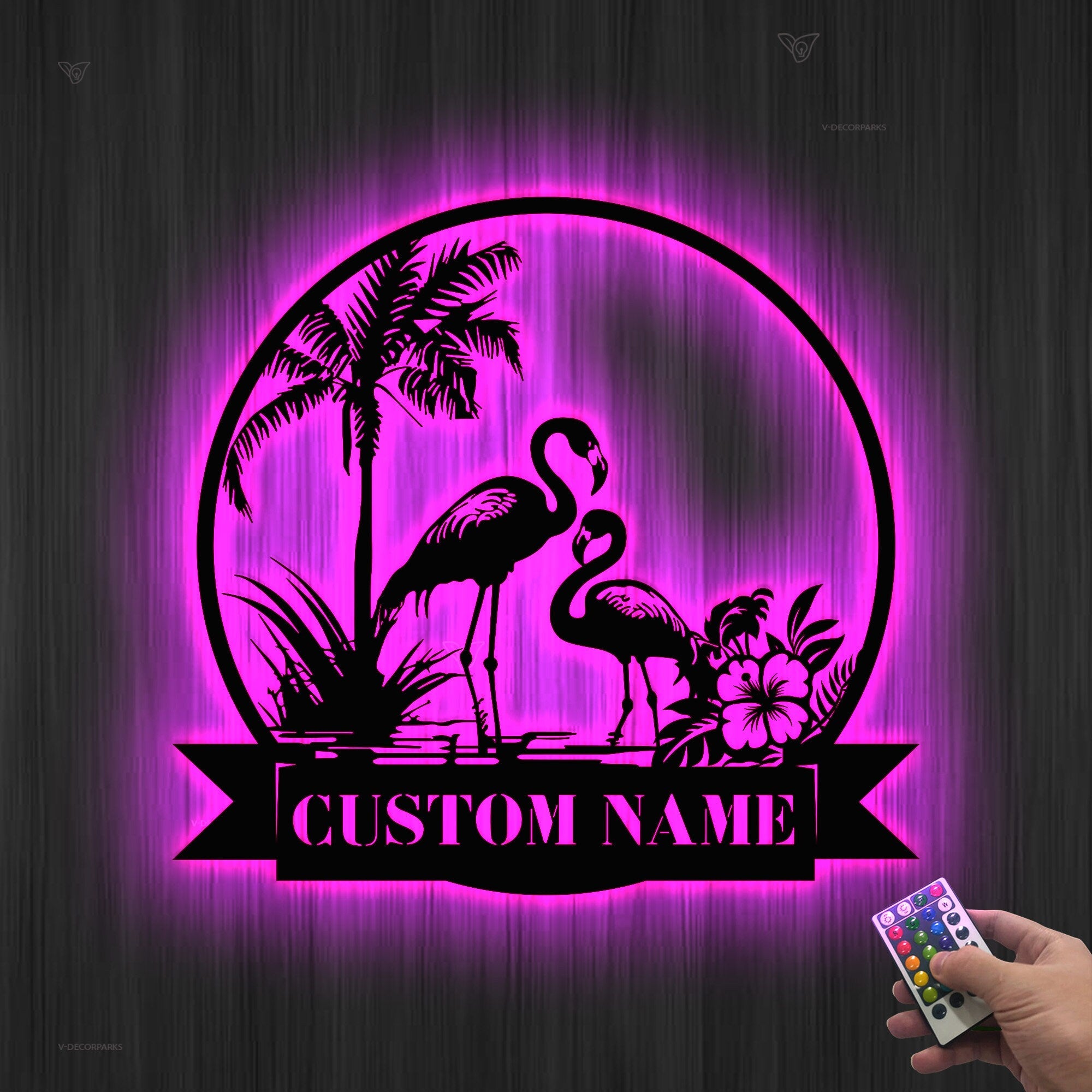 Personalized Couple Flamingo Metal Wall Art LED Lights Custom Pink Flamingo Name Sign Home Decor Nursery Decoration Birthday Housewarming | GearViral