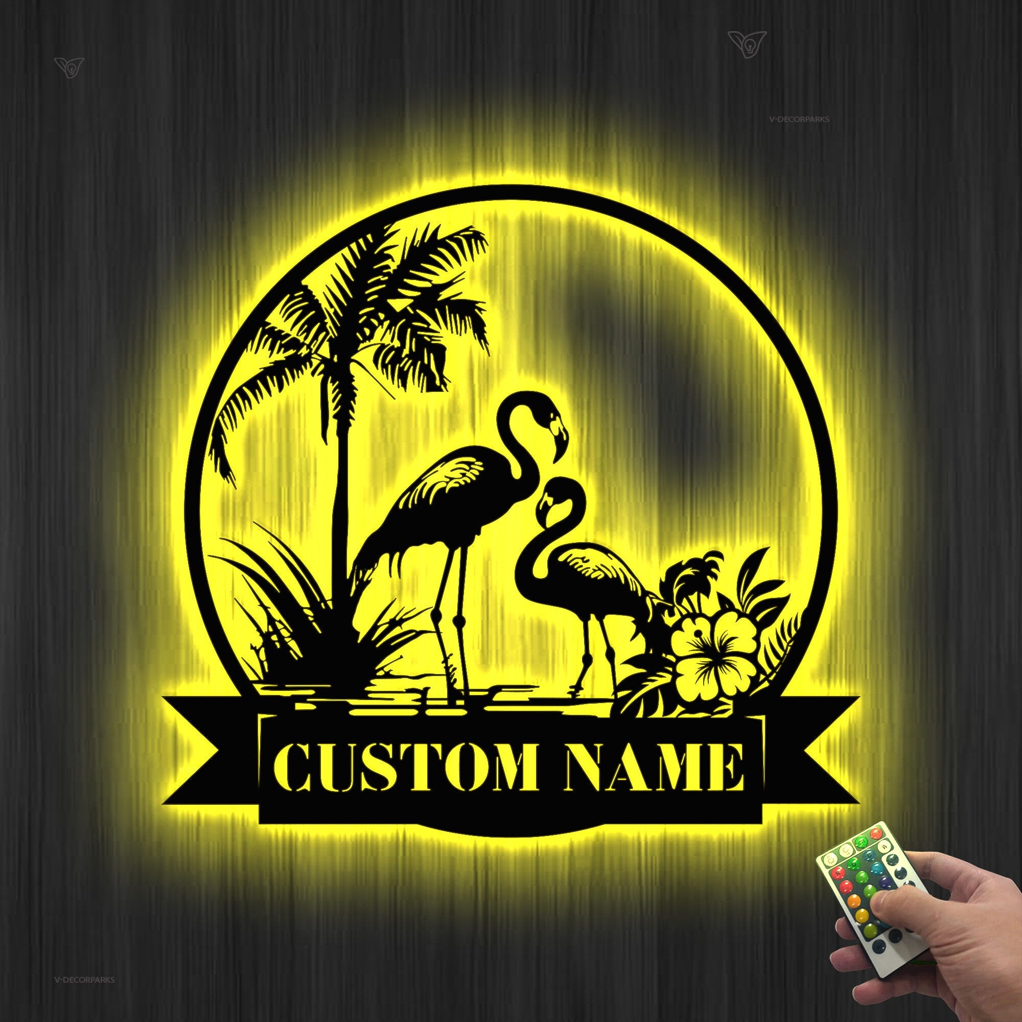 Personalized Couple Flamingo Metal Wall Art LED Lights Custom Pink Flamingo Name Sign Home Decor Nursery Decoration Birthday Housewarming | GearViral