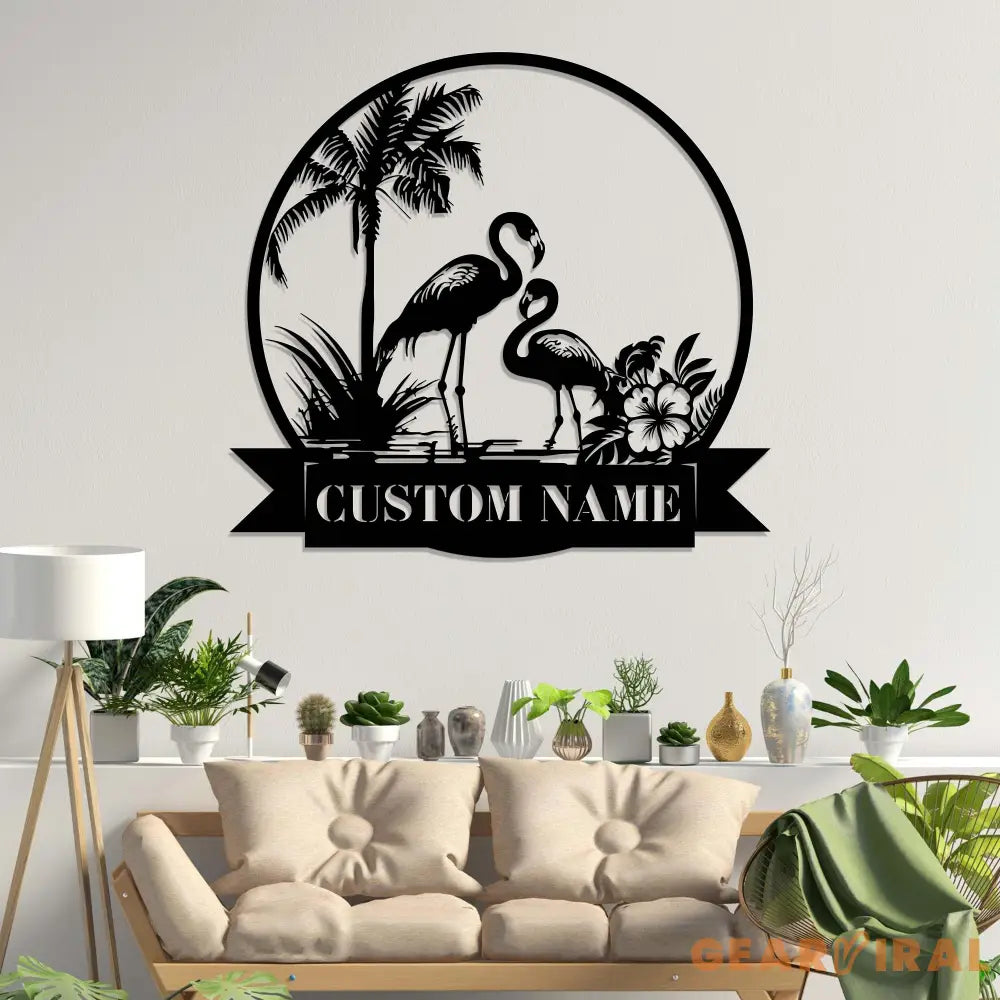 Personalized Couple Flamingo Metal Wall Art LED Lights Custom Pink Flamingo Name Sign Home Decor Nursery Decoration