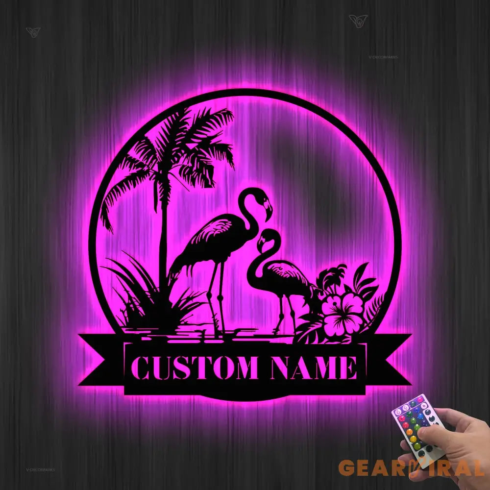 Personalized Couple Flamingo Metal Wall Art LED Lights Custom Pink Flamingo Name Sign Home Decor Nursery Decoration