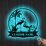 Personalized Couple Flamingo Metal Wall Art LED Lights Custom Pink Flamingo Name Sign Home Decor Nursery Decoration