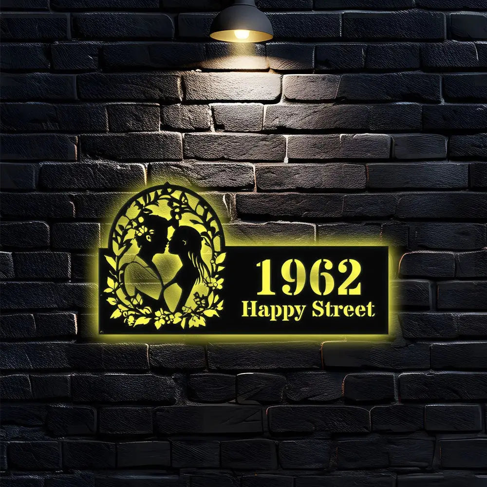 Personalized Couple Kissing Bride and Groom LED Sign - Metal Address Sign - House Number Hanging Wall Sign - Address