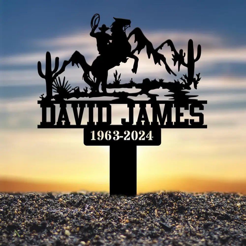 Personalized Cowboy Memorial Metal Stake Cowboy Cross Plaque Sympathy Sign Grave Marker Remembrance Stake Garden Decor