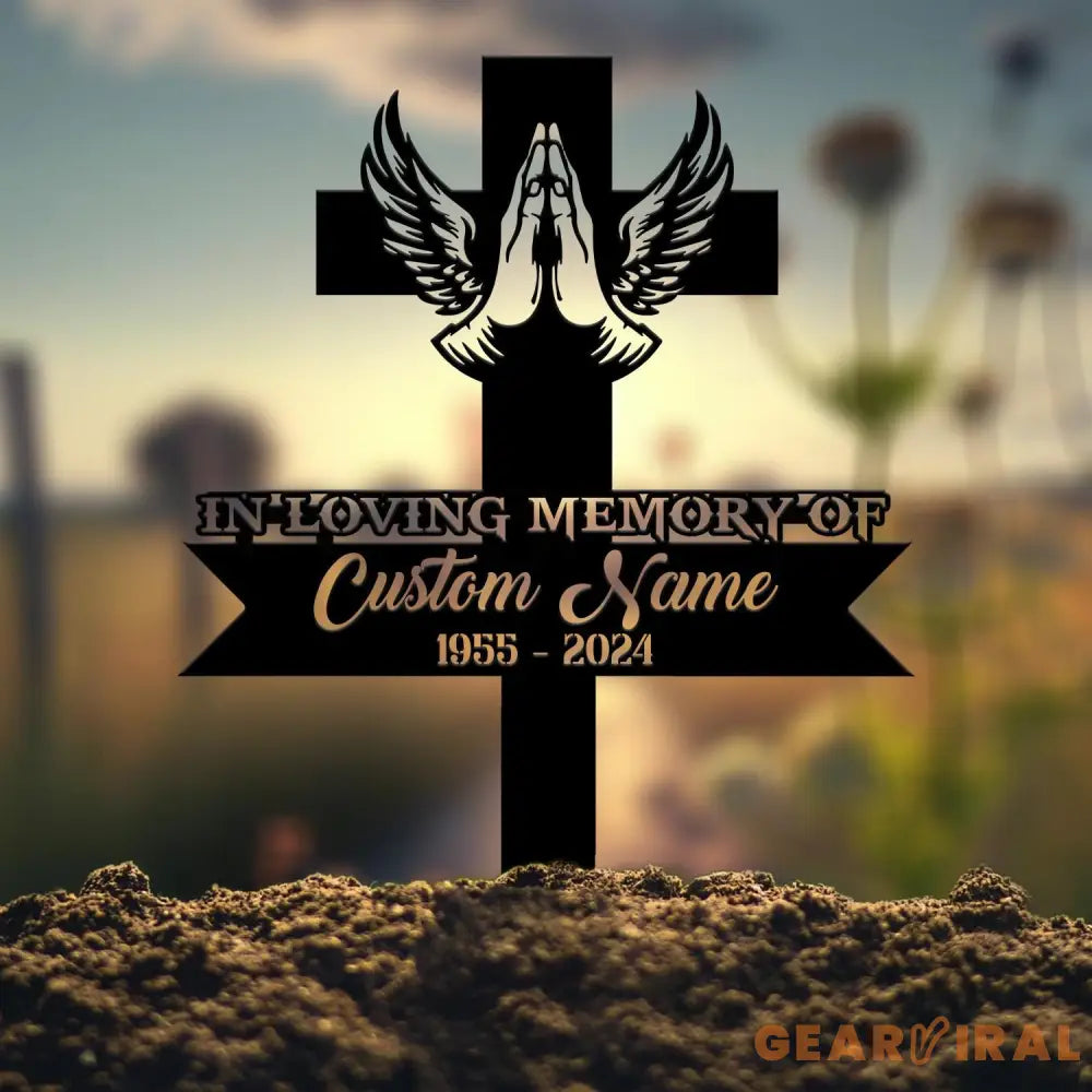 Personalized Cross With Praying Hand Memorial Stake Religion Metal Stake Sympathy Sign Grave Marker Remembrance Stake