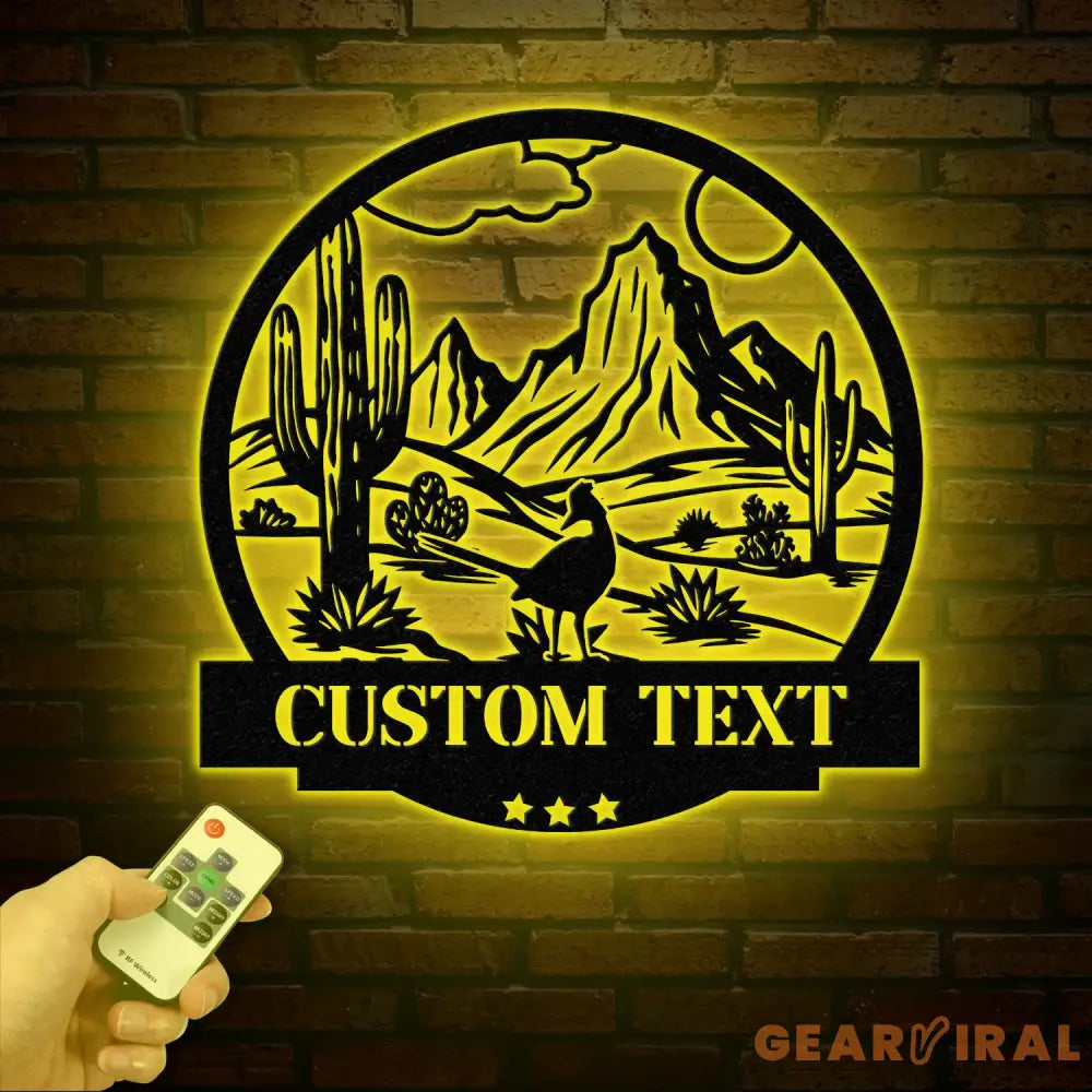 Personalized Desert Cactus with Roadrunner Metal Sign Custom Western Landscape Wall Art Ranch Decor Cactus Mountain