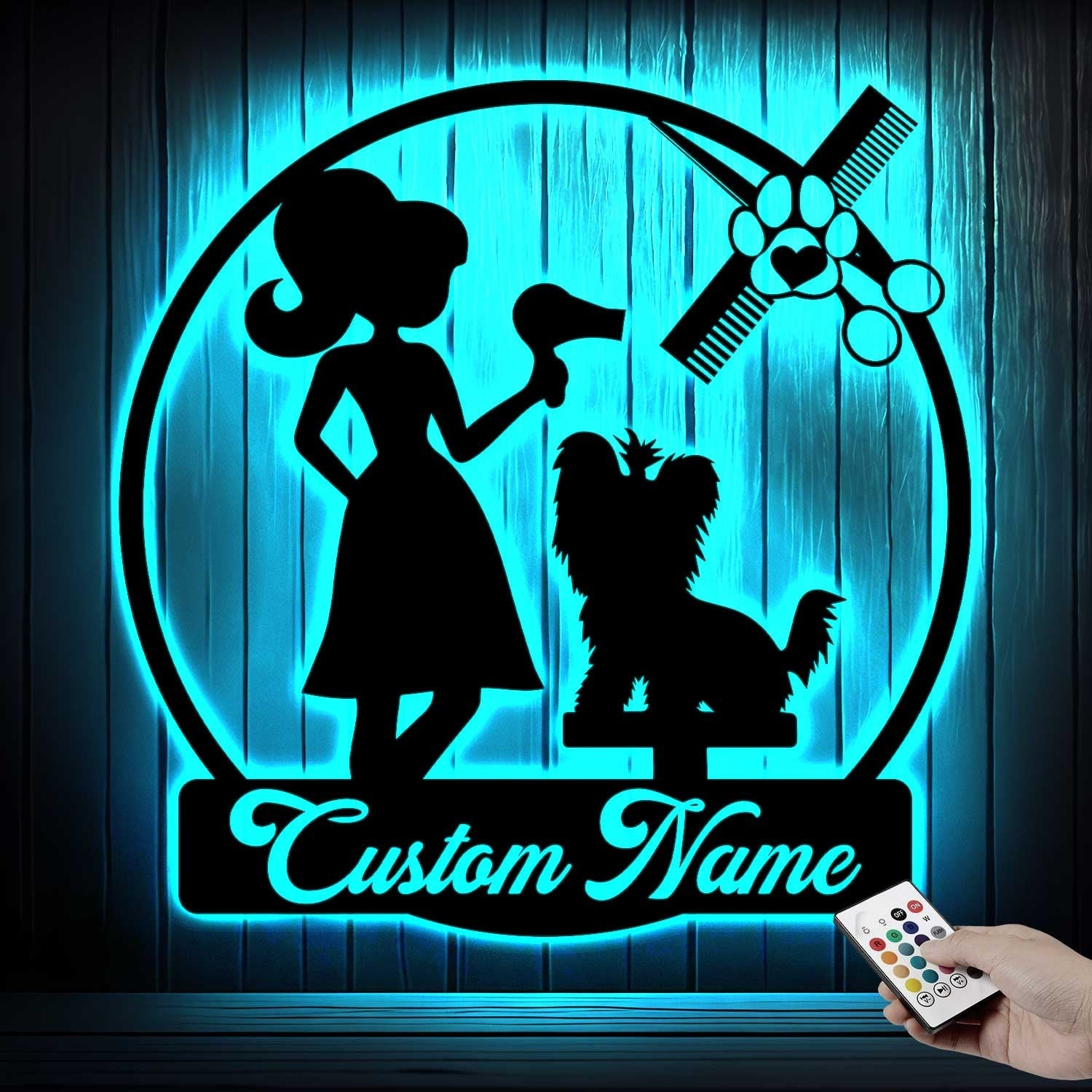 Personalized Dog Grooming Hair Salon Metal Wall Art LED Light - Custom Groomer Name Sign Home Decor - Pet Grooming Decoration Christmas Gift | GearViral
