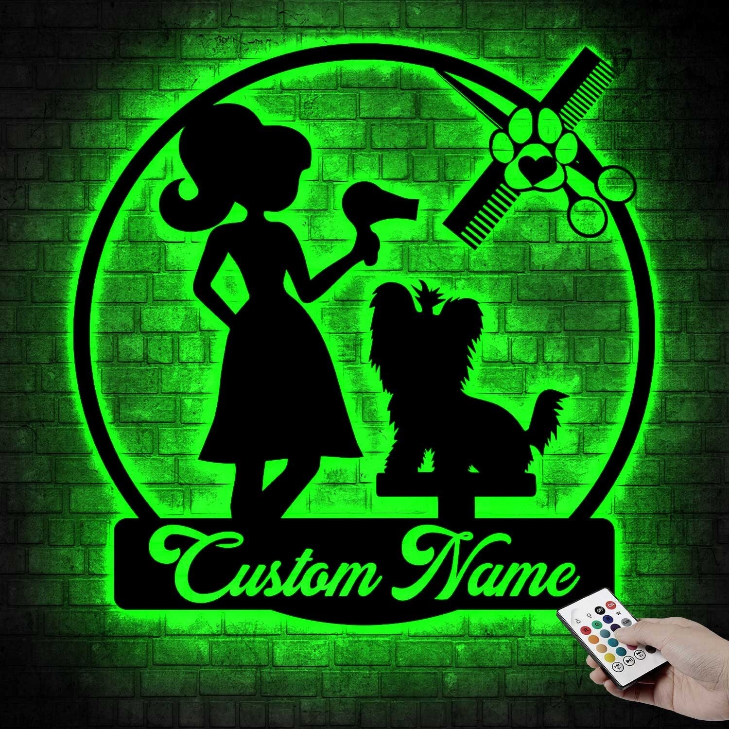 Personalized Dog Grooming Hair Salon Metal Wall Art LED Light - Custom Groomer Name Sign Home Decor - Pet Grooming Decoration Christmas Gift | GearViral