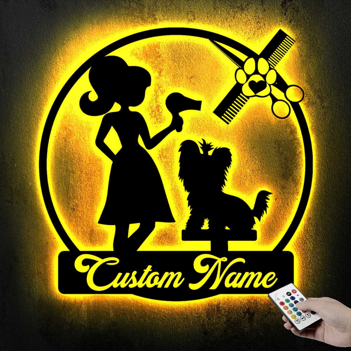 Personalized Dog Grooming Hair Salon Metal Wall Art LED Light - Custom Groomer Name Sign Home Decor - Pet Grooming Decoration Christmas Gift | GearViral