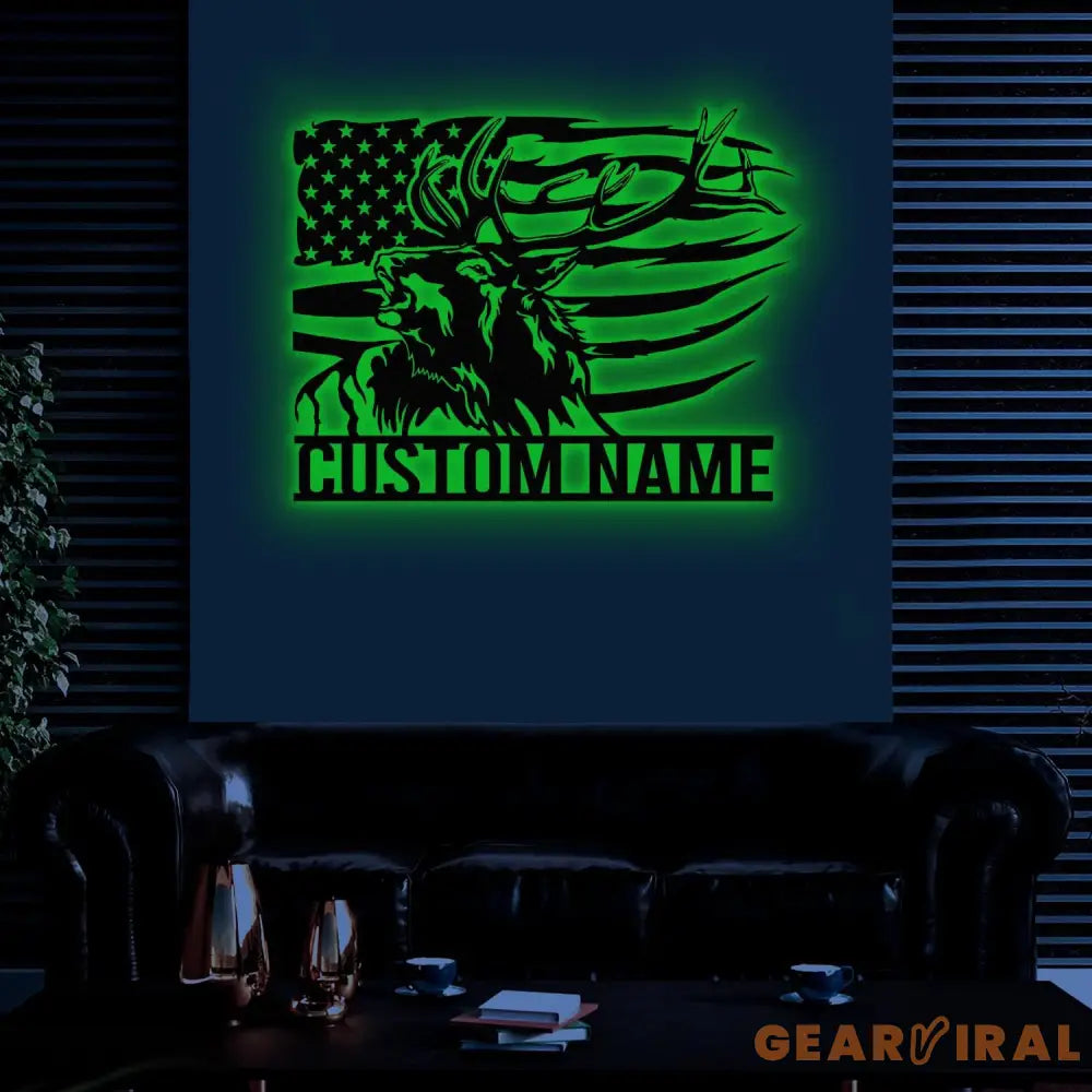 Personalized Elk US Flag Name Sign with Led Light Custom Metal Deer Family Sign Deer Wall Art Decor For Room Hunter