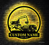Personalized Excavator Name Sign Custom Excavator Driver Metal Wall Art LED Light Home Decor Construction Decoration