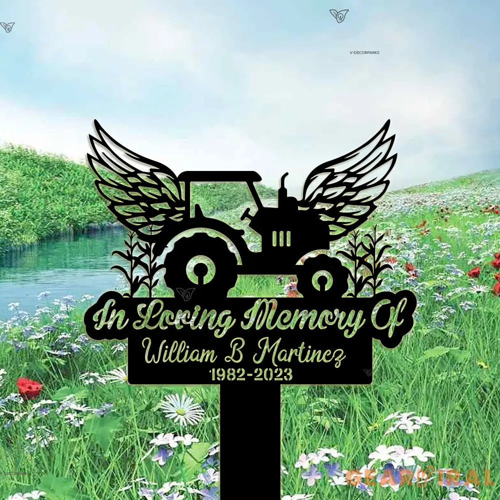 Personalized Farmer Memorial Cross - Tractor Garden Stake Metal Yard Art - Grave Marker Cemetery Decor - Farmer Dad