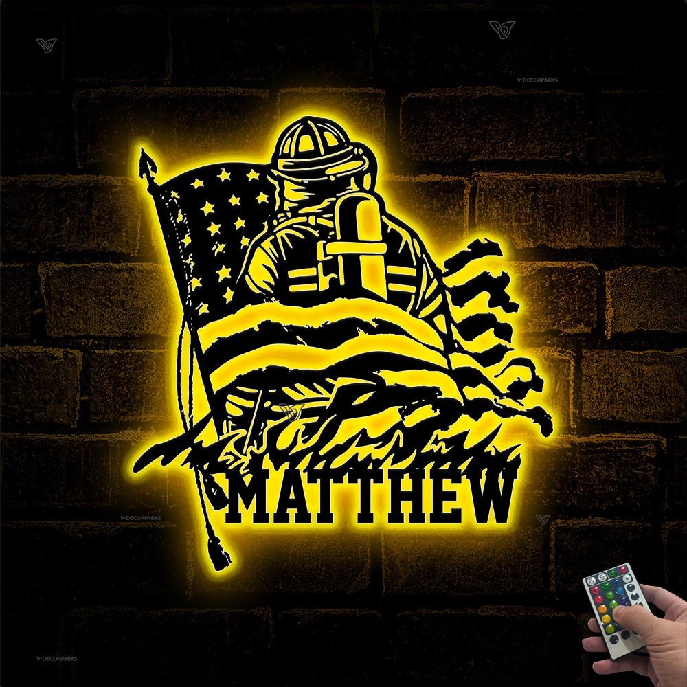 Personalized Firefighter American Flag Metal Sign with Led Lights - Father's Day Gift for Fireman - Birthday Retirement Gift for Dad Husband | GearViral