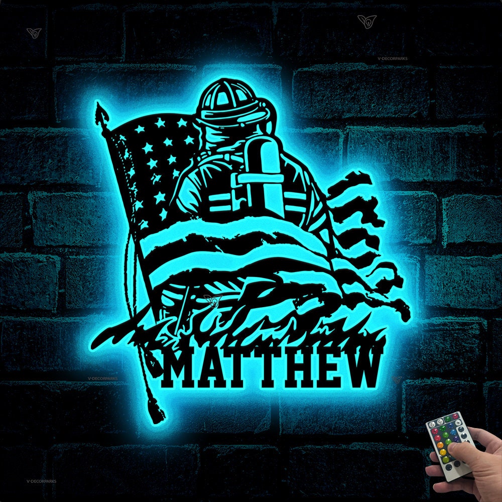 Personalized Firefighter American Flag Metal Sign with Led Lights - Father's Day Gift for Fireman - Birthday Retirement Gift for Dad Husband | GearViral