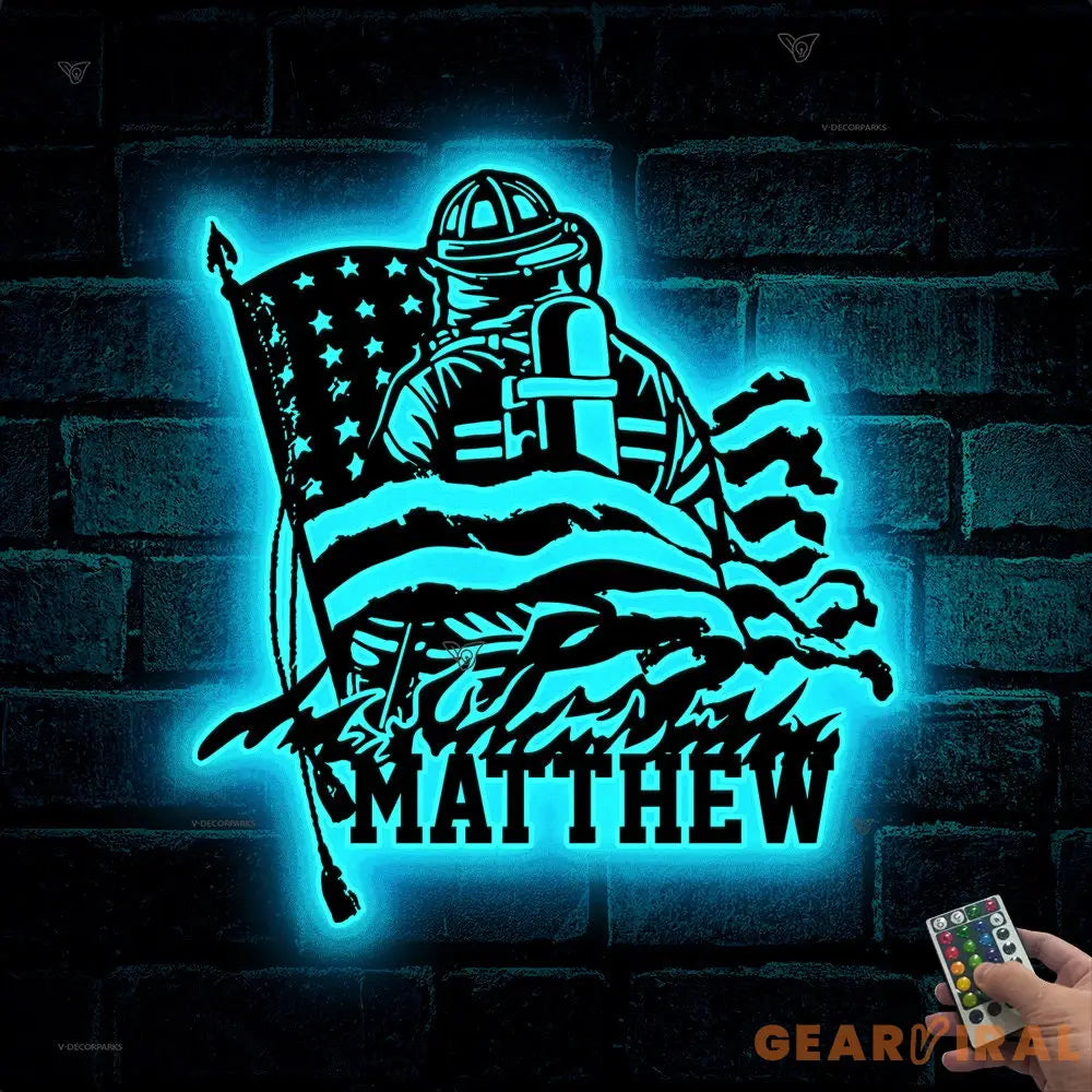 Personalized Firefighter American Flag Metal Sign with Led Lights - Father’s Day Gift for Fireman - Birthday Retirement