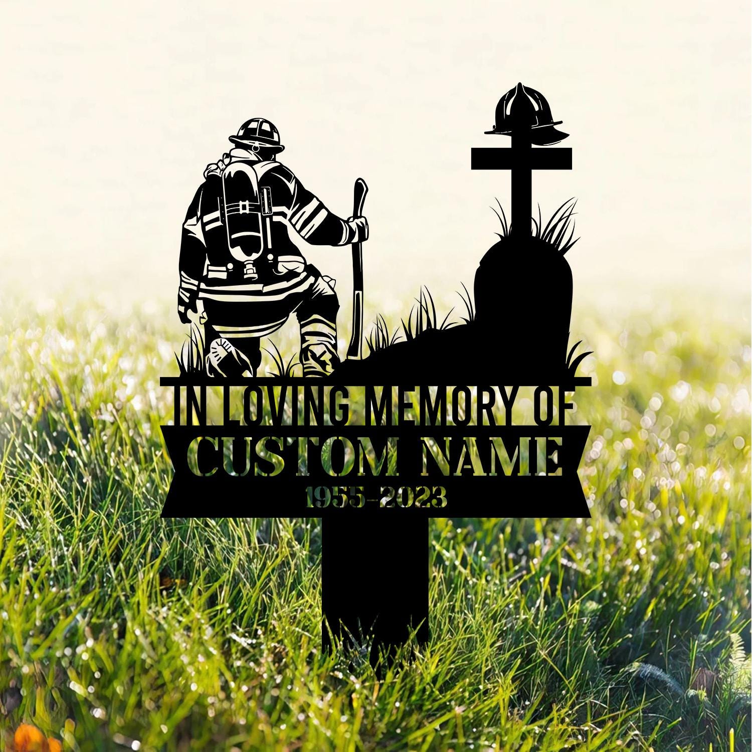 Personalized Firefighter Kneeling Memorial Stake, Garden Metal Stake, Fireman Memorial, Sympathy Gift, Outdoor Grave Marker, Remembrance Stake