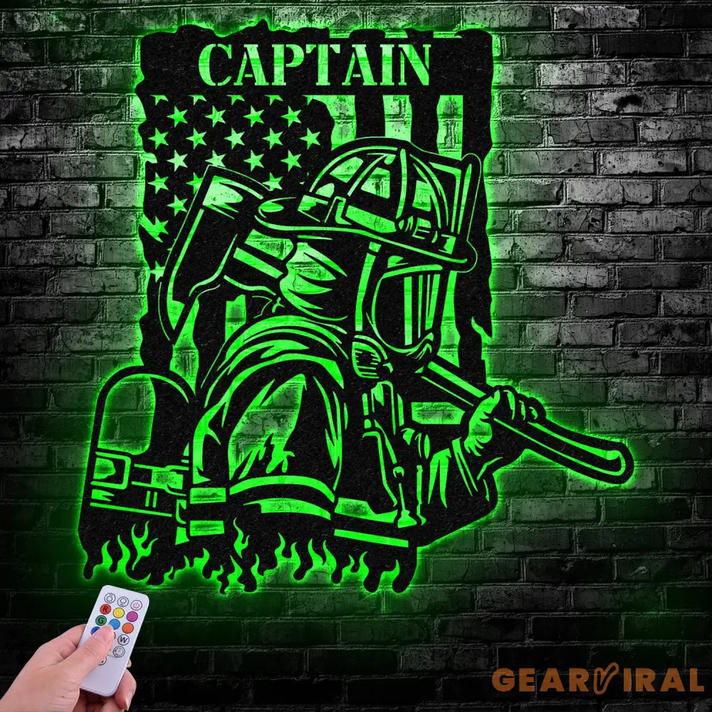 Personalized Firefighter US Flag Metal Wall Art LED Light Firewoman Appreciation Gift Fire Department Name Number Laser