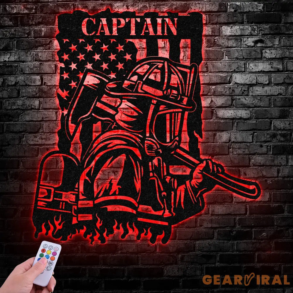 Personalized Firefighter US Flag Metal Wall Art LED Light Firewoman Appreciation Gift Fire Department Name Number Laser