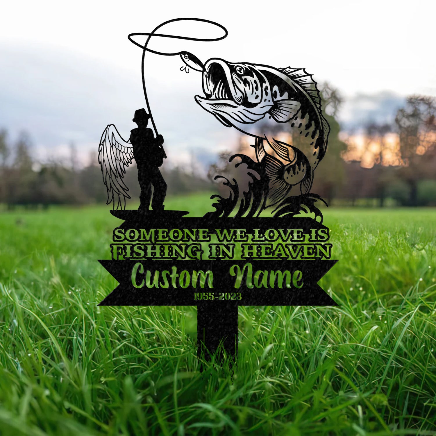 Personalized Fishing In Heaven Memorial Stake Metal, Fisherman Memorial Gift, Fishing Dad Sympathy, Grave Marker - Gearviral