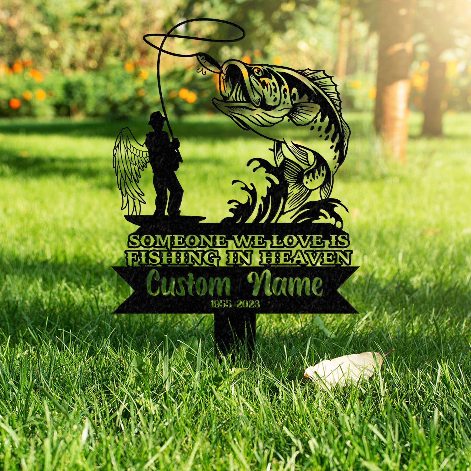 Personalized Fishing In Heaven Memorial Stake Metal, Fisherman Memorial Gift, Fishing Dad Sympathy, Grave Marker - Gearviral