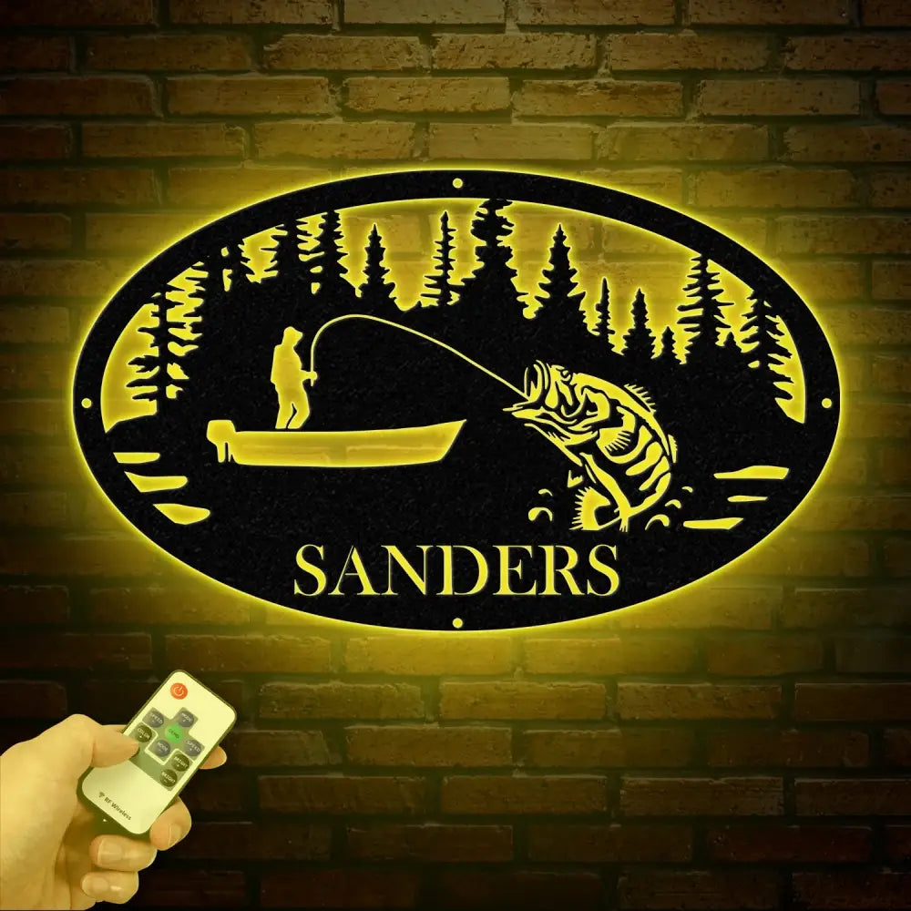 Personalized Fishing Metal Sign Custom Bass Fish LED Wall Art Outdoor Fishing Cabin Decor Fisherman Name Sign Gift for