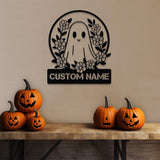 Personalized Floral Cute Ghost Halloween Metal Wall Art Led Light, Custom Halloween Sign, Halloween Party Decor, Custom Metal Fall Autumn