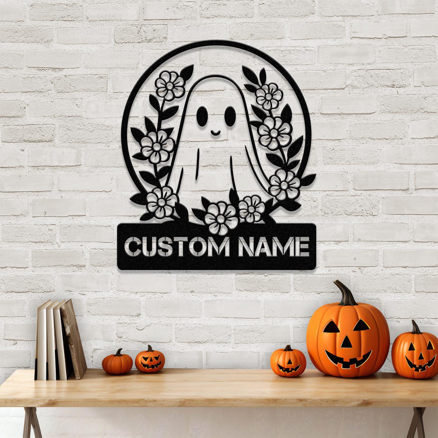 Personalized Floral Cute Ghost Halloween Metal Wall Art Led Light, Custom Halloween Sign, Halloween Party Decor, Custom Metal Fall Autumn