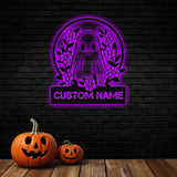 Personalized Floral Cute Ghost Halloween Metal Wall Art Led Light, Custom Halloween Sign, Halloween Party Decor, Custom Metal Fall Autumn
