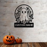 Personalized Floral Cute Ghost Halloween Metal Wall Art Led Light, Custom Halloween Sign, Halloween Party Decor, Custom Metal Fall Autumn