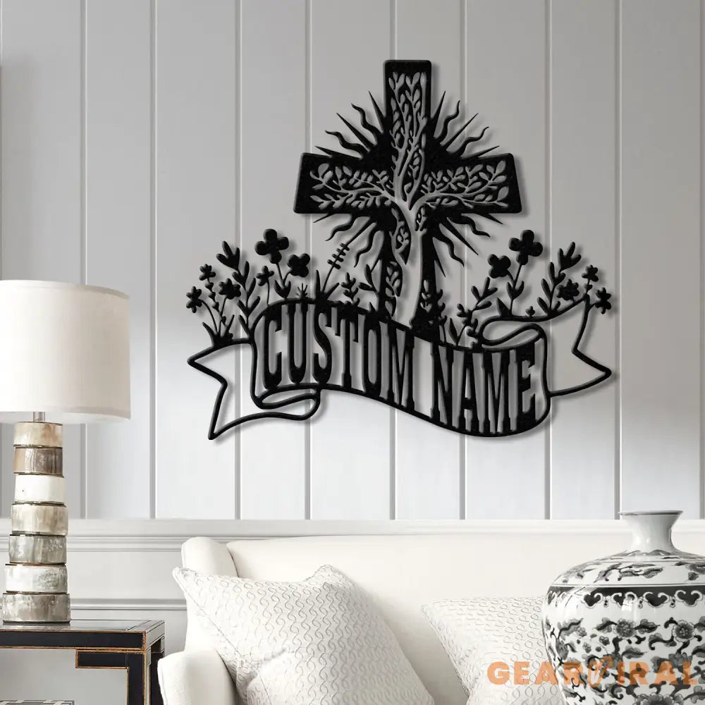 Personalized Floral Faith Cross Metal Sign Custom Family Last Name Wall Art Christian Front Door or House Decor Cross