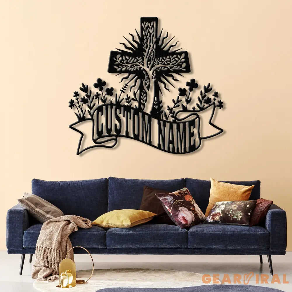 Personalized Floral Faith Cross Metal Sign Custom Family Last Name Wall Art Christian Front Door or House Decor Cross