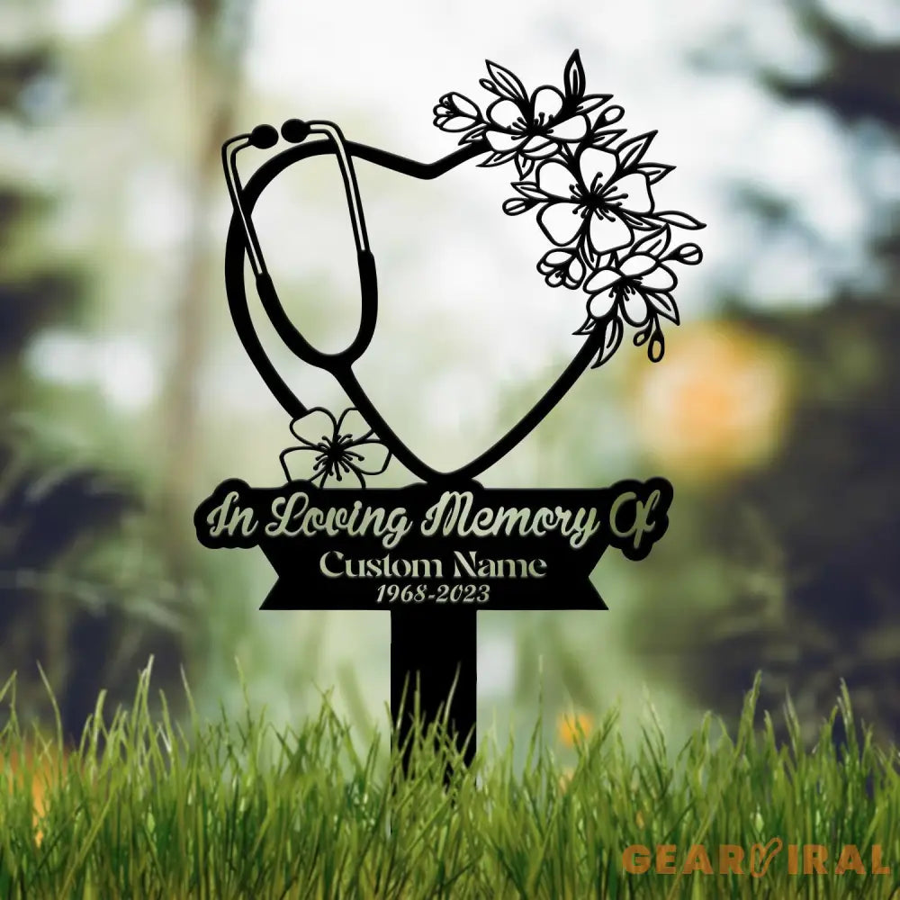 Personalized Floral Heart Stethoscope Nursing Memorial Plaque Stake Sympathy Sign Grave Marker Remembrance Stake,