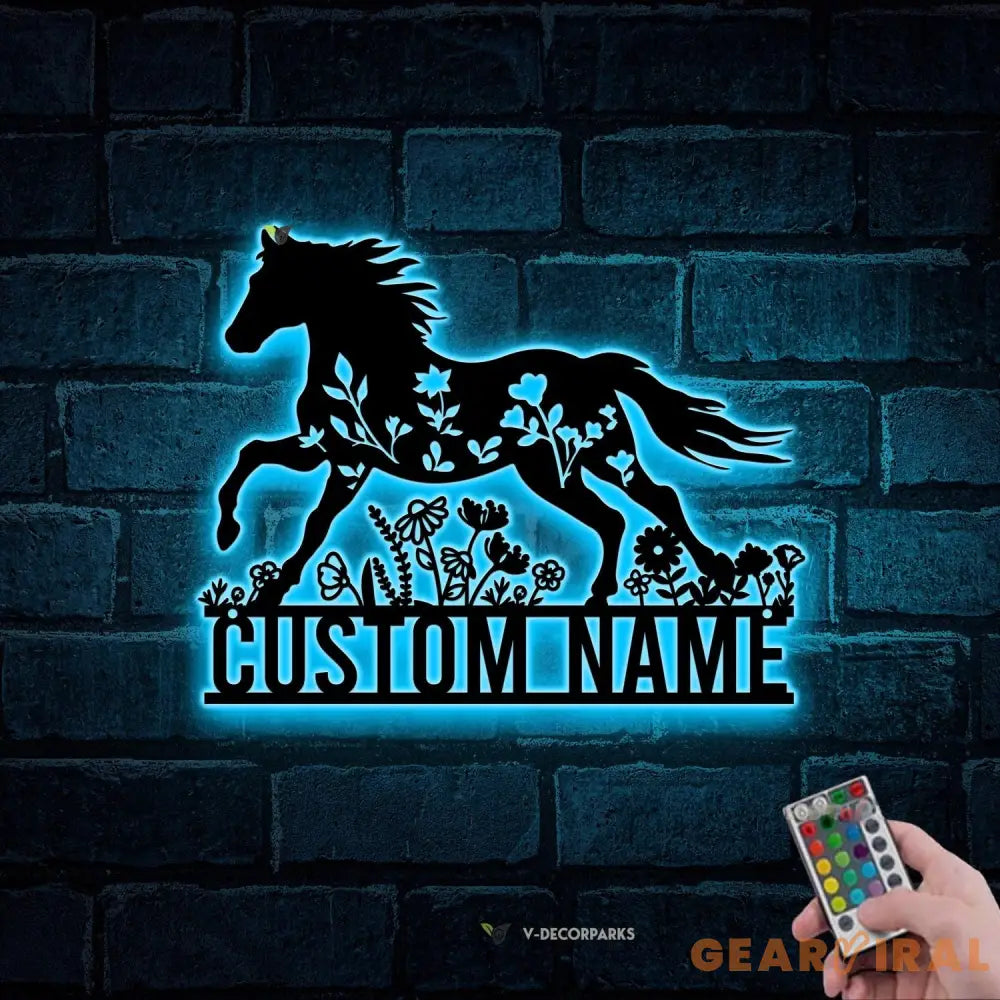 Personalized Floral Horse Farmhouse Metal Wall Art LED Light Custom Horse Flower Name Sign Home Decor Horse Barn